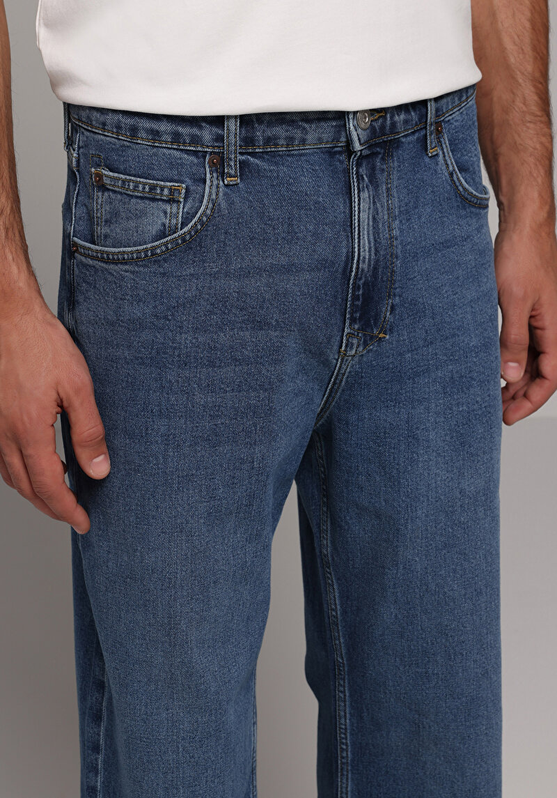 Relaxed Fit   Erkek Mid İndigo Denim Jean Pantolon