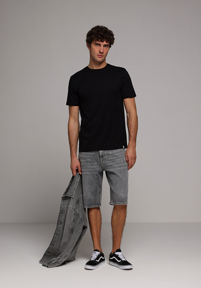 Loose Fit Orta Bel Düz Erkek Black Denim Jean Şort