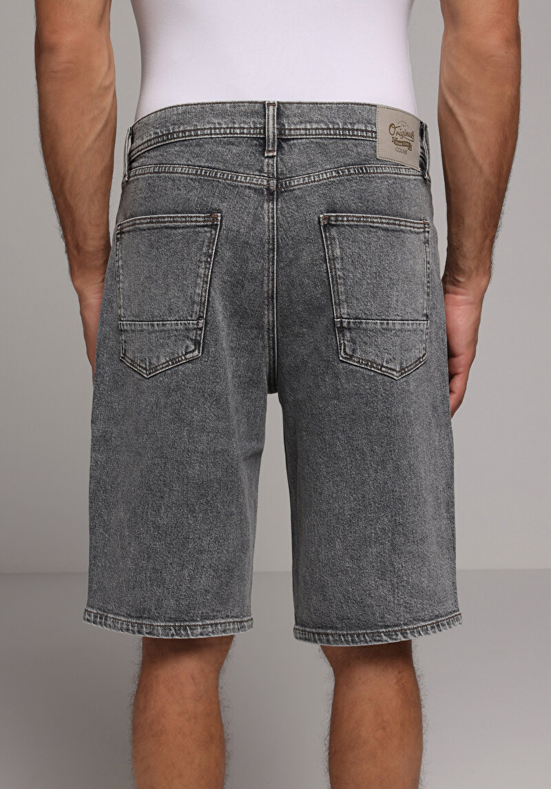 Loose Fit Orta Bel Düz Erkek Black Denim Jean Şort