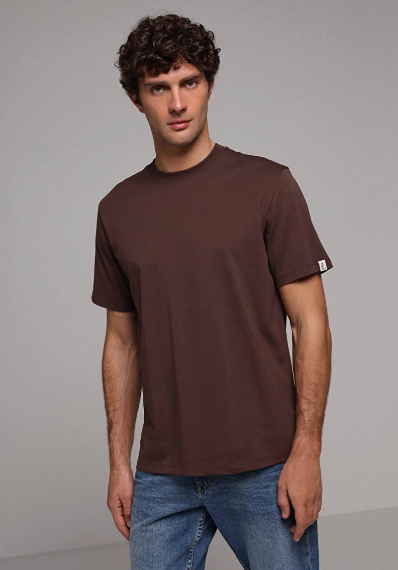 Comfort Fit Yuvarlak Yaka Düz Erkek Kahverengi Kısa Kol Tişört