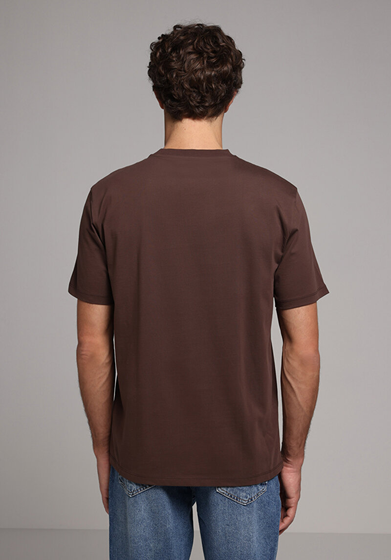 Comfort Fit Yuvarlak Yaka Düz Erkek Kahverengi Kısa Kol Tişört