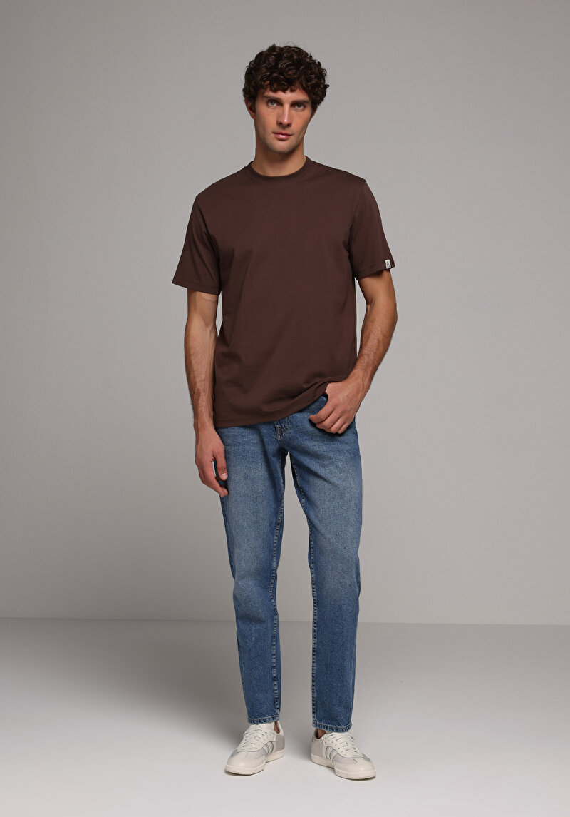 Comfort Fit Yuvarlak Yaka Düz Erkek Kahverengi Kısa Kol Tişört