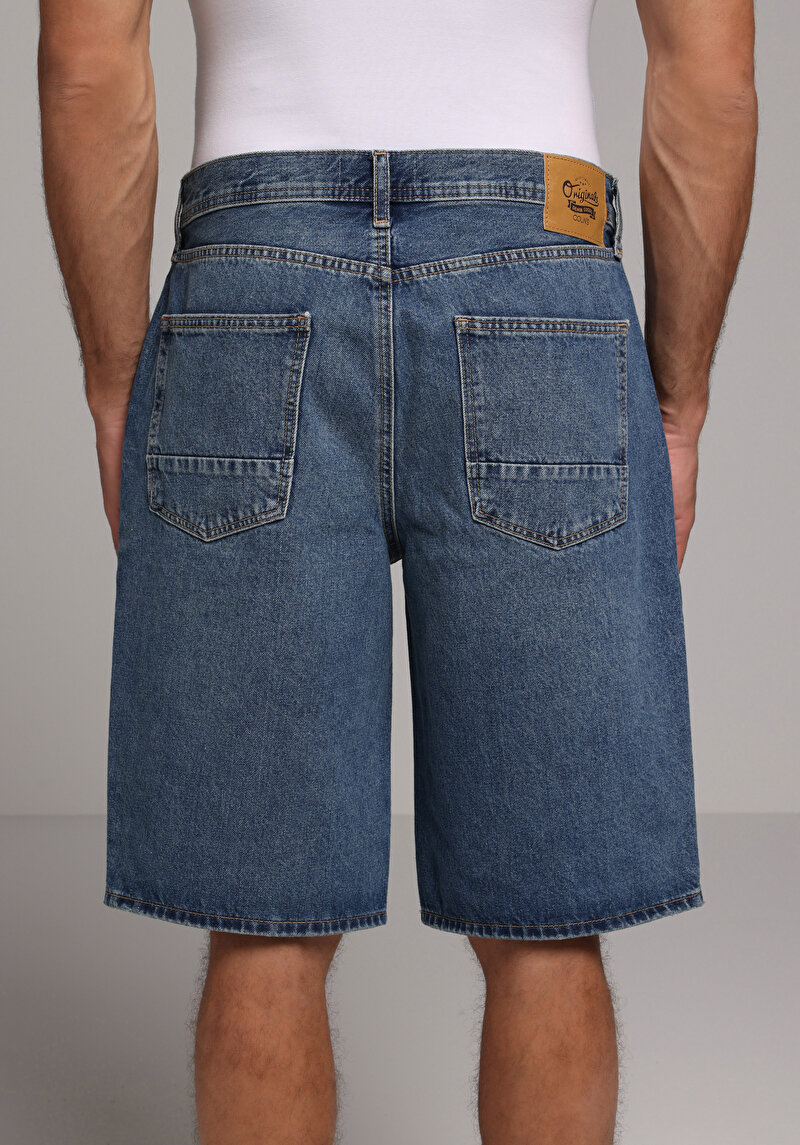 Loose Fit Orta Bel Düz Erkek Mid İndigo Denim Jean Şort