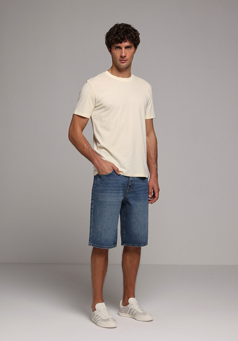 Loose Fit Orta Bel Düz Erkek Mid İndigo Denim Jean Şort