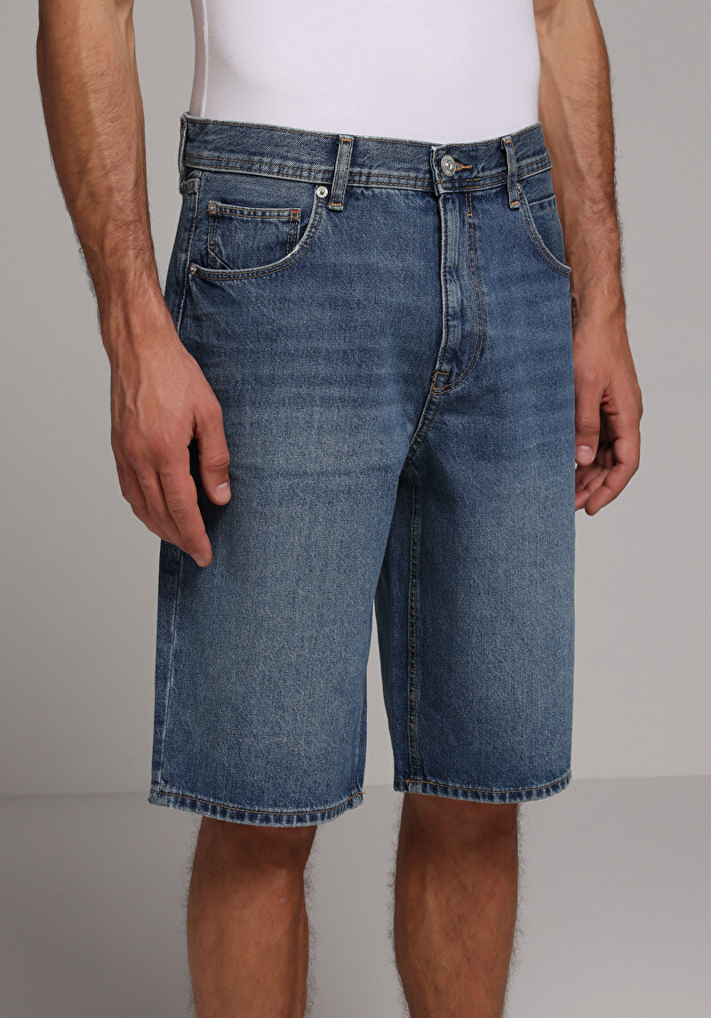 Loose Fit Orta Bel Düz Erkek Mid İndigo Denim Jean Şort