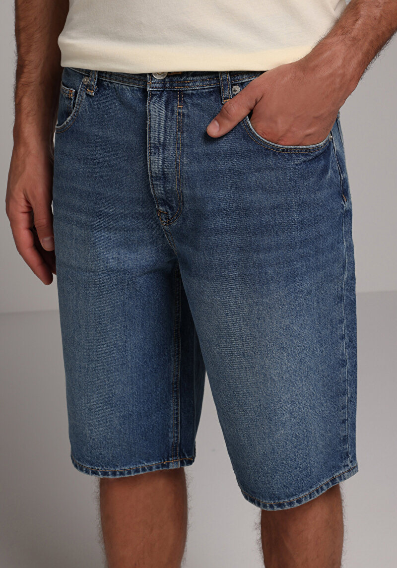 Loose Fit Orta Bel Düz Erkek Mid İndigo Denim Jean Şort
