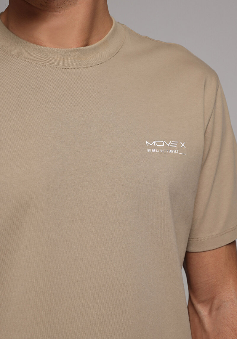 Comfort Fit Yuvarlak Yaka Düz Erkek Bej Kısa Kol Tişört