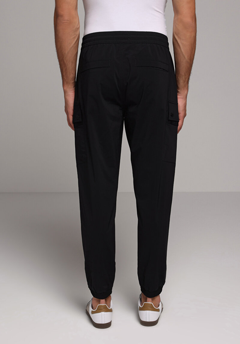 Slim Fit Orta Bel Lastikli Paça Erkek Siyah Pantolon