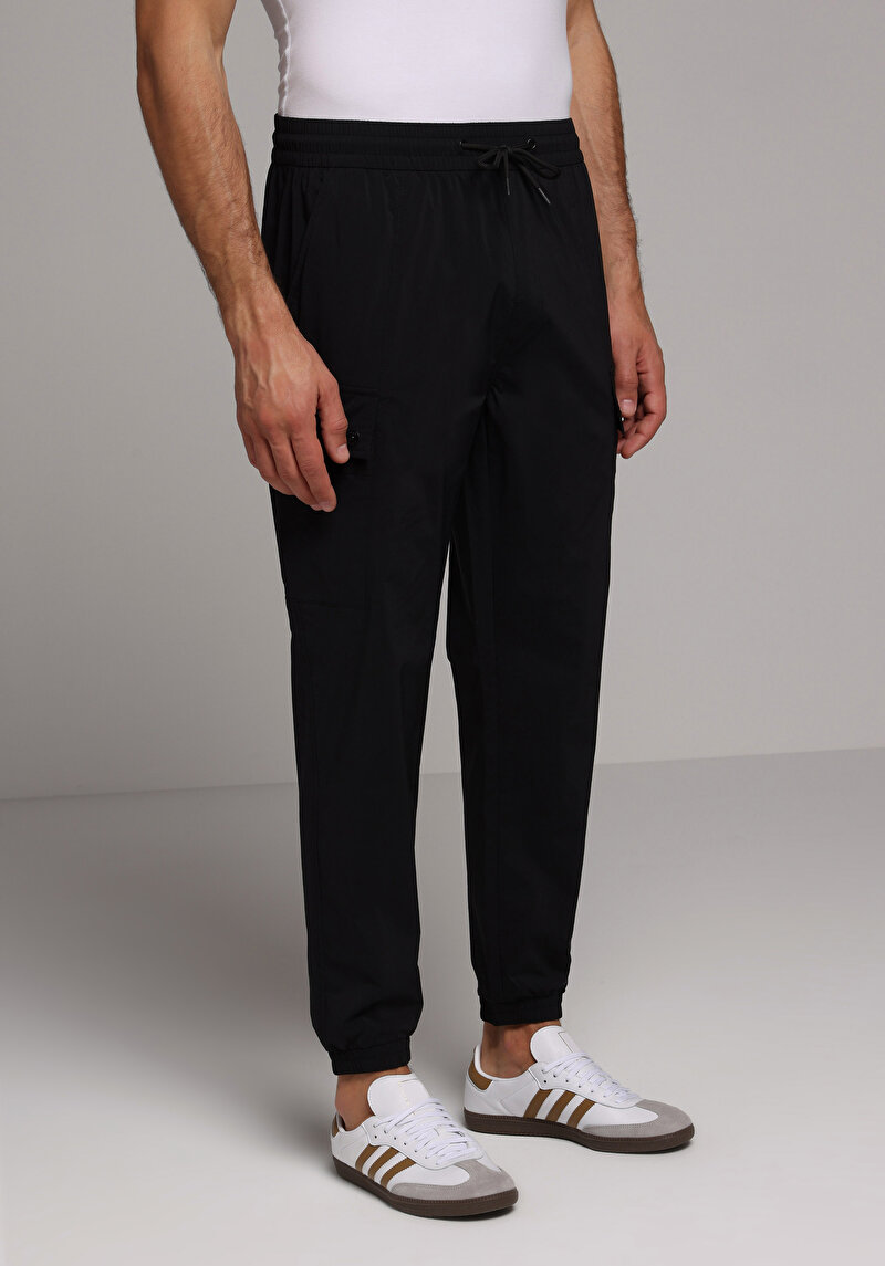 Slim Fit Orta Bel Lastikli Paça Erkek Siyah Pantolon