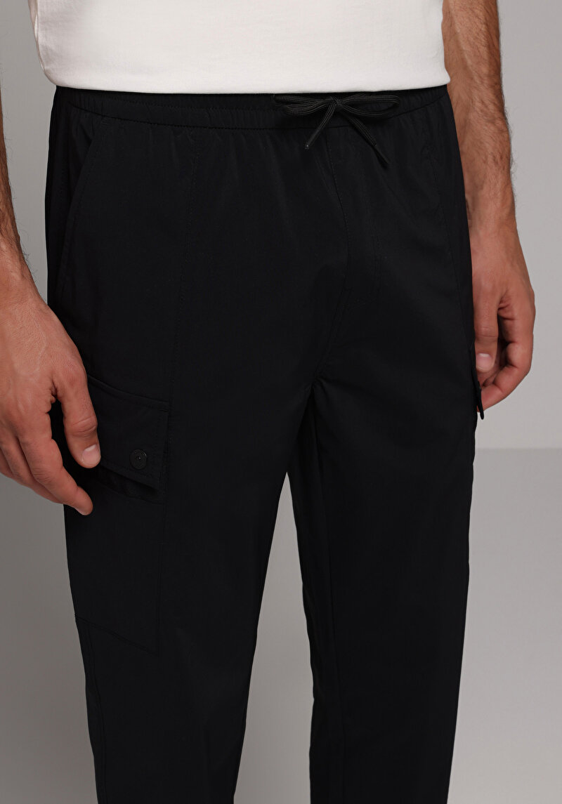 Slim Fit Orta Bel Lastikli Paça Erkek Siyah  Pantolon