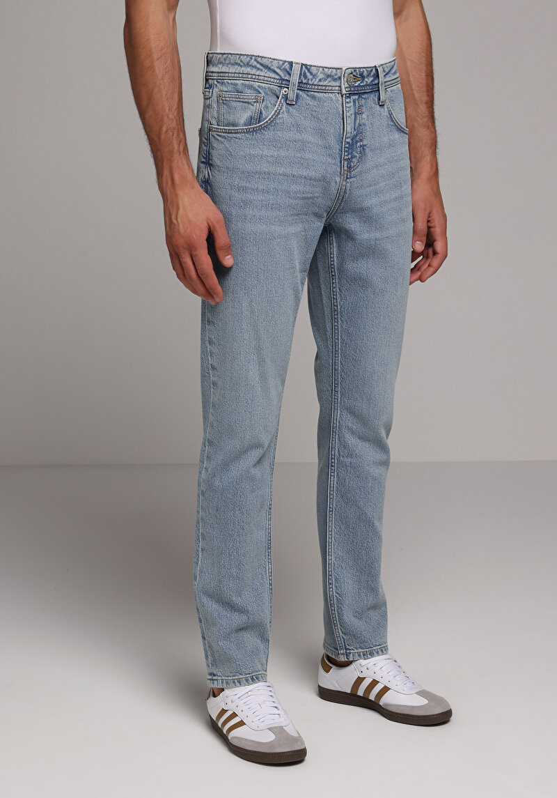 Straight Fit Erkek Light İndigo Denim Jean Pantolon