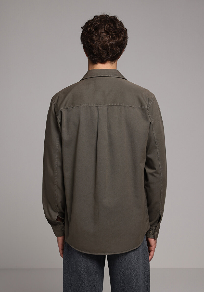 Relaxed Fit Shirt Neck Düz Erkek Yeşil Uzun Kol Gömlek