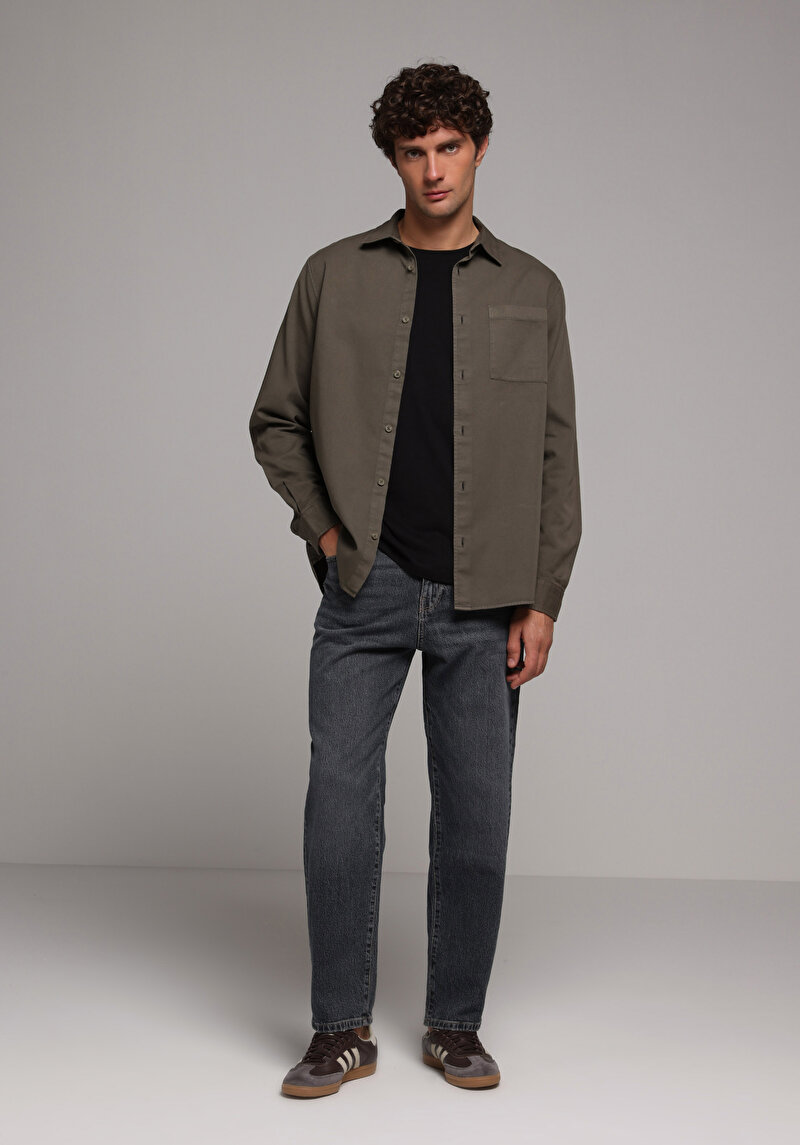 Relaxed Fit Shirt Neck Düz Erkek Yeşil Uzun Kol Gömlek