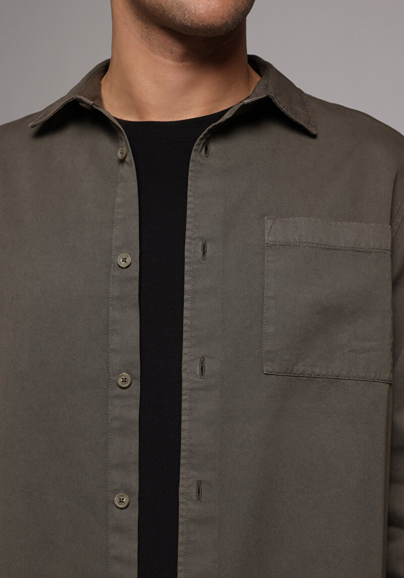 Relaxed Fit Shirt Neck Düz Erkek Yeşil Uzun Kol Gömlek