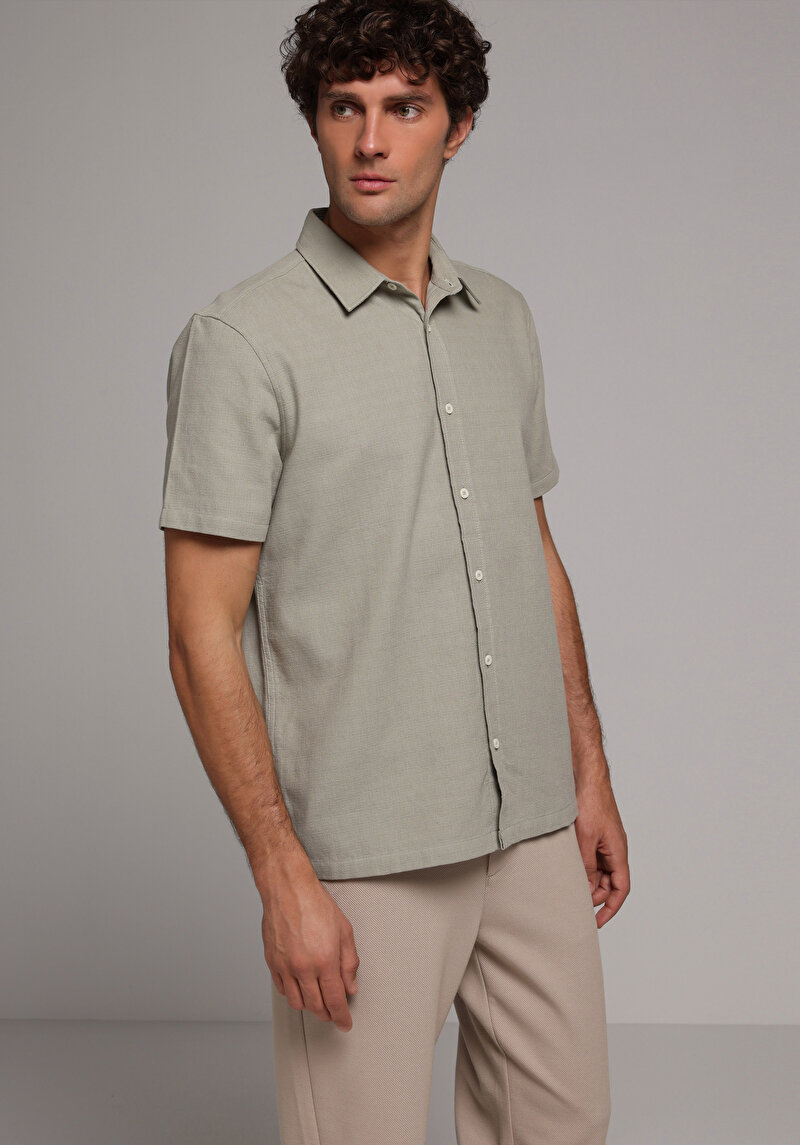 Regular Fit Shirt Neck Düz Erkek Yeşil Kısa Kol Gömlek