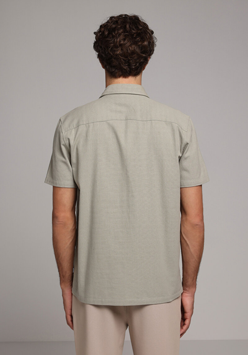 Regular Fit Shirt Neck Düz Erkek Yeşil Kısa Kol Gömlek