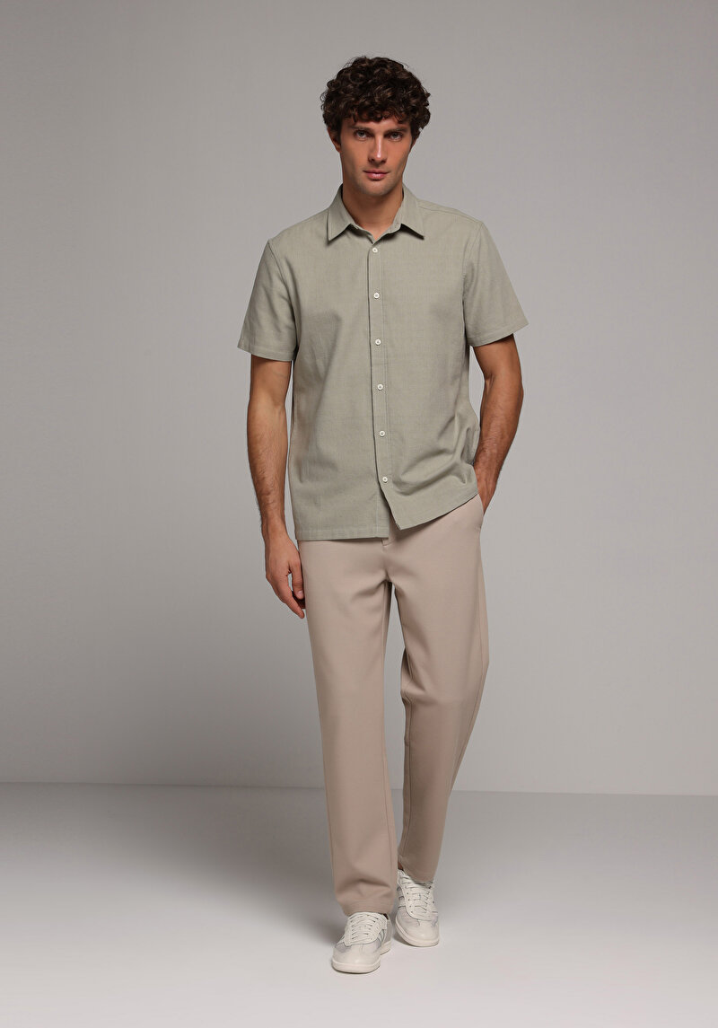 Regular Fit Shirt Neck Düz Erkek Yeşil Kısa Kol Gömlek