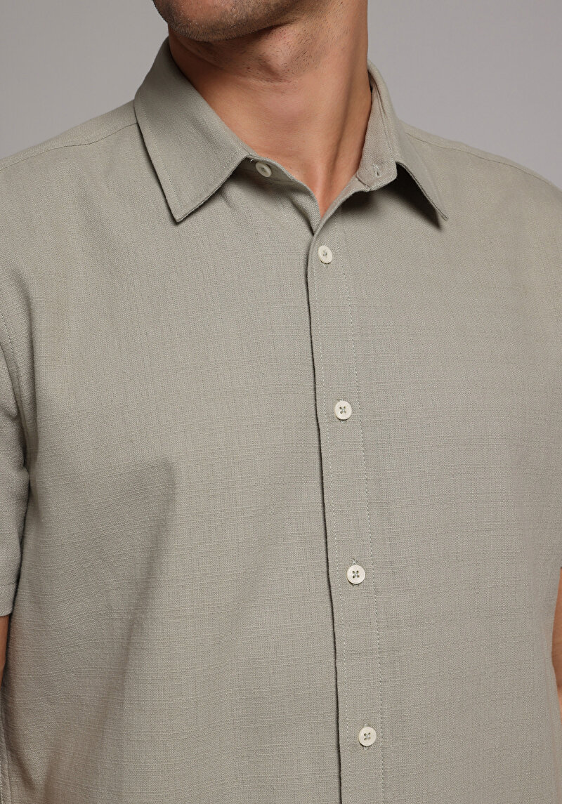Regular Fit Shirt Neck Düz Erkek Yeşil Kısa Kol Gömlek