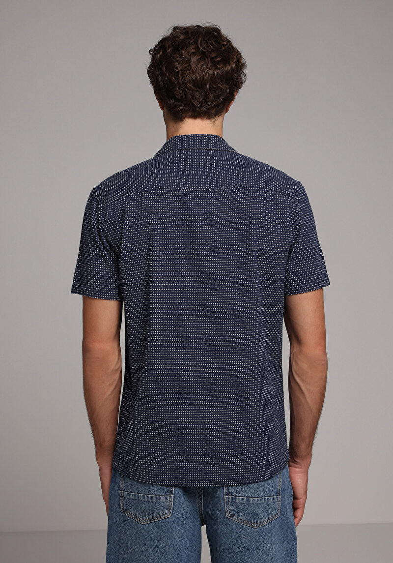 Regular Fit Shirt Neck Jakarlı Erkek Mavi Kısa Kol Gömlek