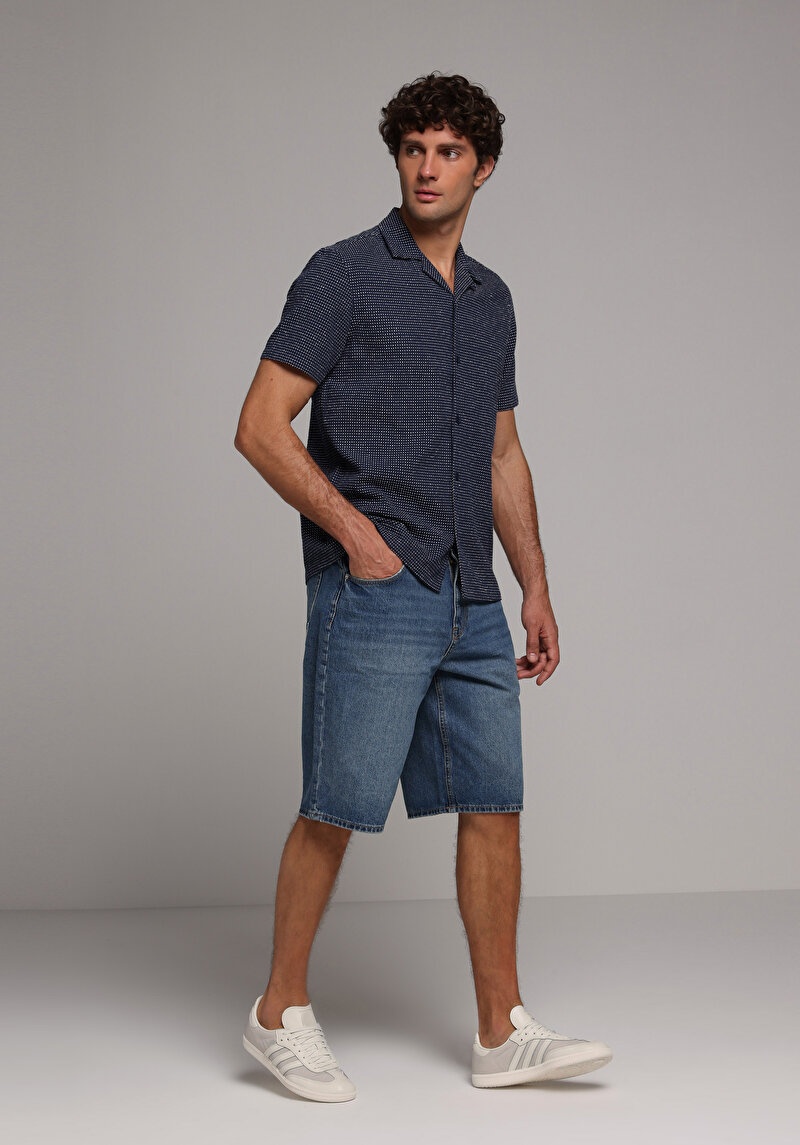 Regular Fit Shirt Neck Jakarlı Erkek Mavi Kısa Kol Gömlek