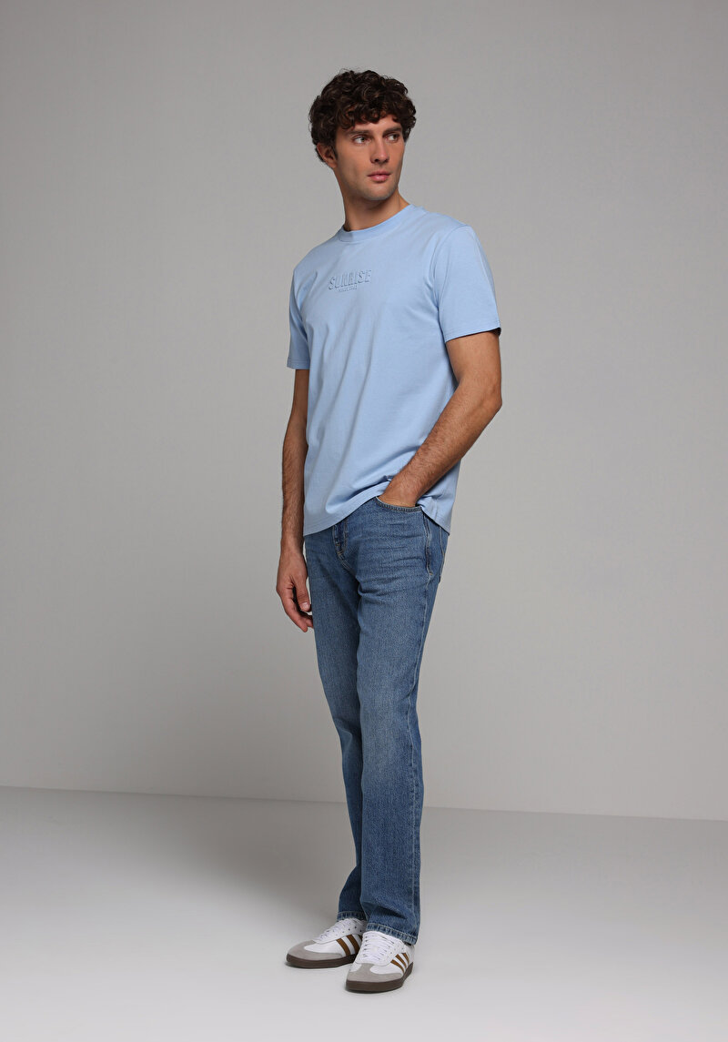 Comfort Fit Yuvarlak Yaka Düz Erkek Mavi Kısa Kol Tişört