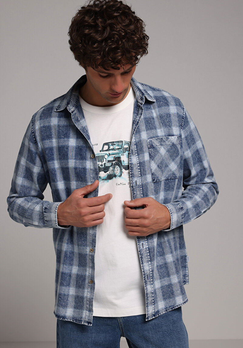 Regular Fit Shirt Neck Ekoseli Erkek Mavi Uzun Kol Gömlek