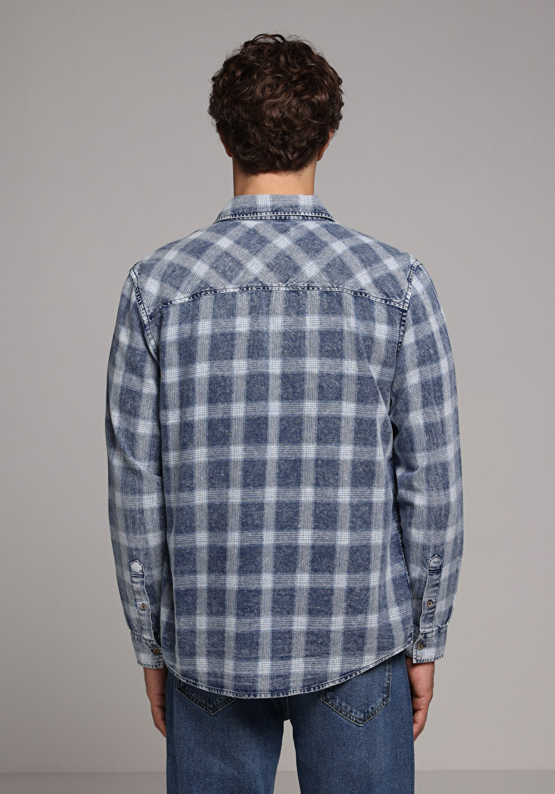 Regular Fit Shirt Neck Ekoseli Erkek Mavi Uzun Kol Gömlek