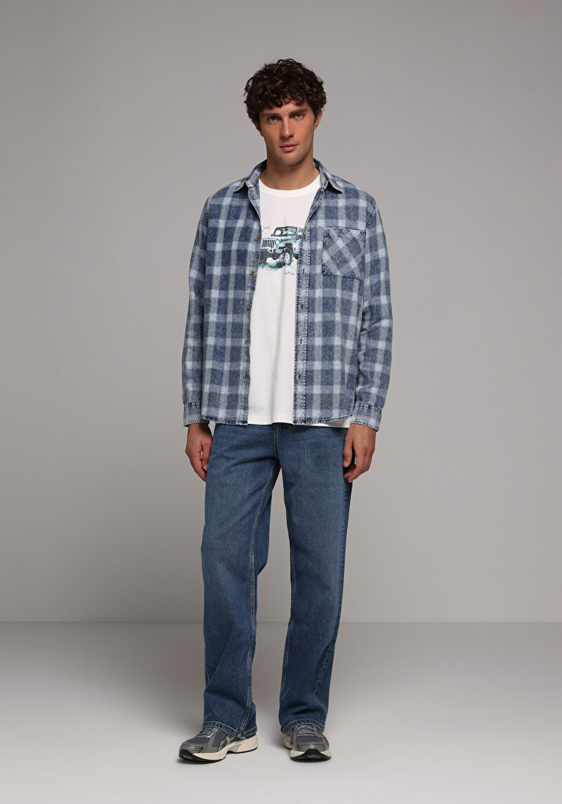 Regular Fit Shirt Neck Ekoseli Erkek Mavi Uzun Kol Gömlek