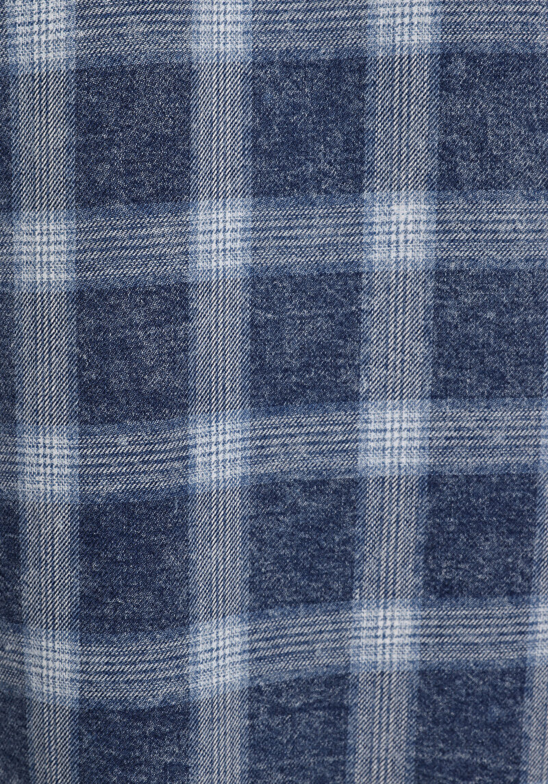 Regular Fit Shirt Neck Ekoseli Erkek Mavi Uzun Kol Gömlek