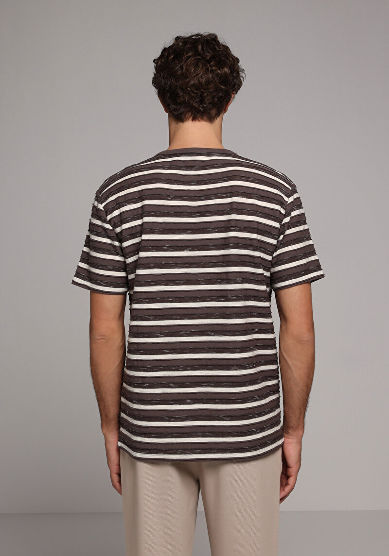 Comfort Fit Yuvarlak Yaka Çizgili Erkek Kahverengi Kısa Kol Tişört