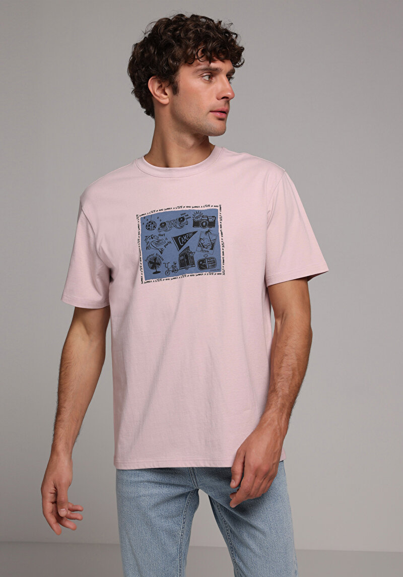 Comfort Fit Yuvarlak Yaka Düz Erkek Pembe Kısa Kol Tişört