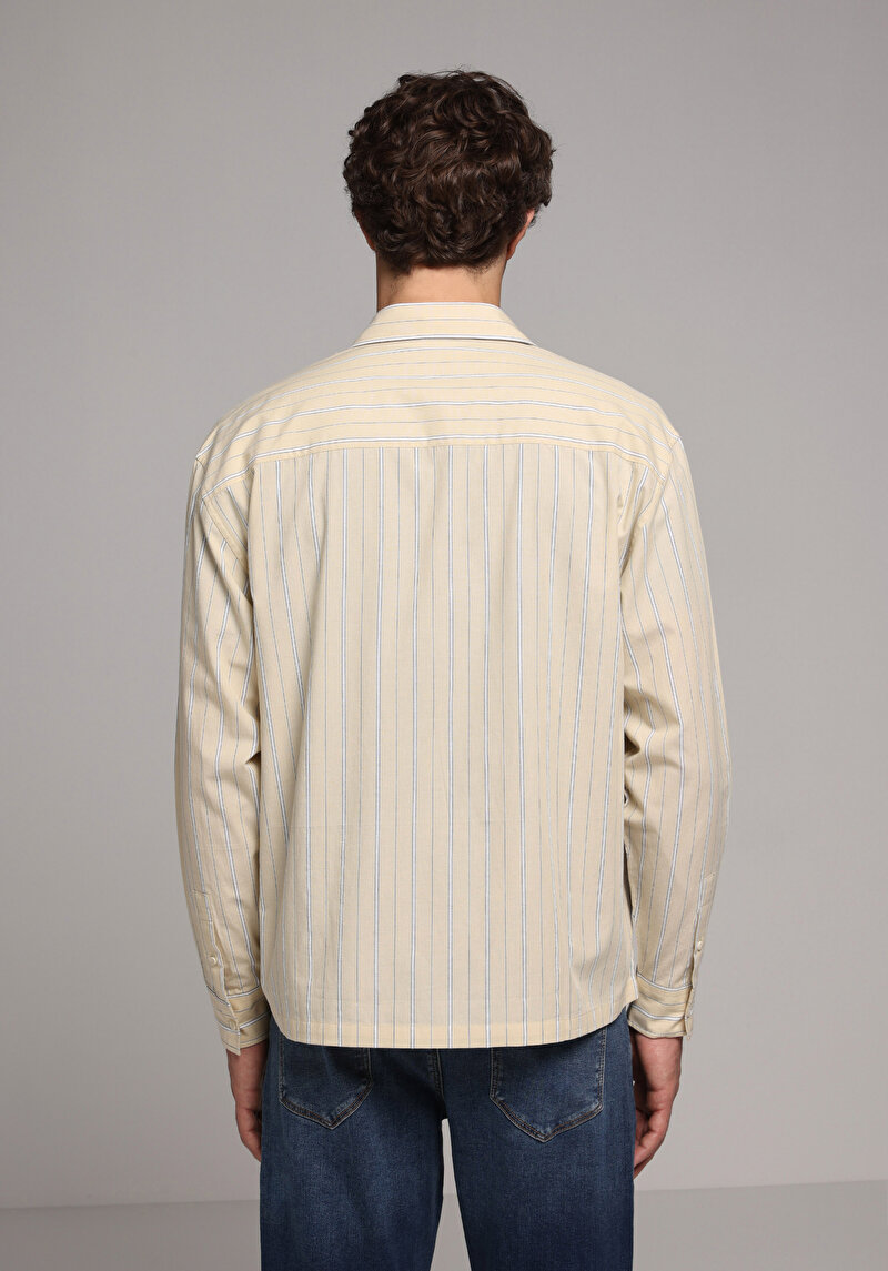 Boxy Fit Shirt Neck Çizgili Erkek Sari Uzun Kol Gömlek