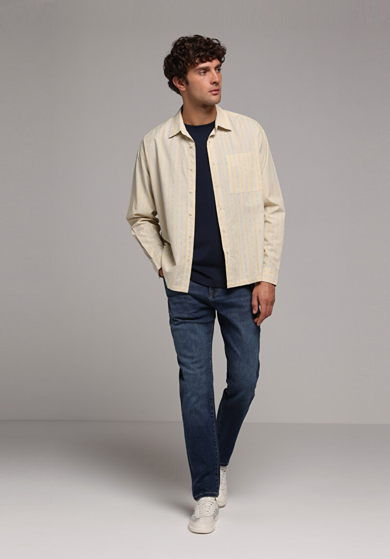 Boxy Fit Shirt Neck Çizgili Erkek Sari Uzun Kol Gömlek