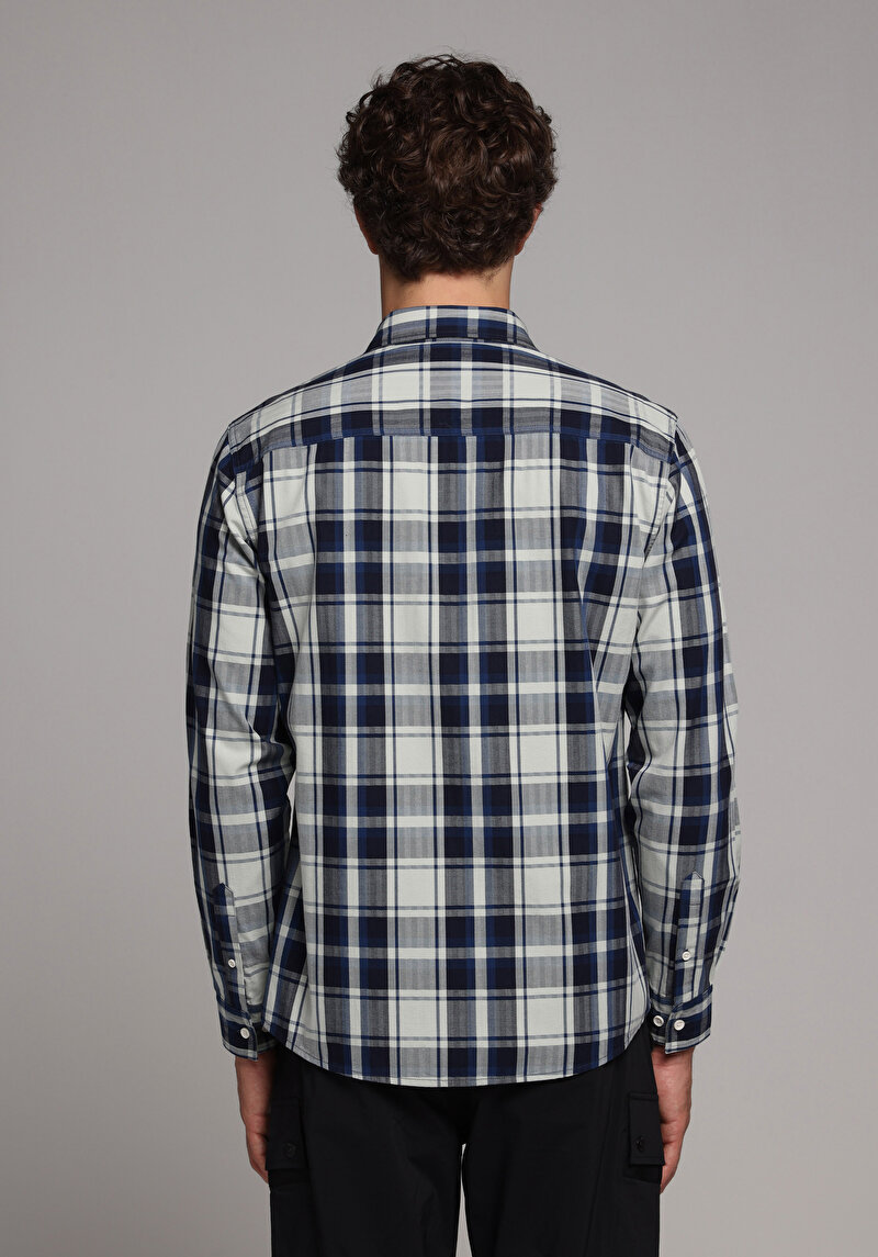 Regular Fit Shirt Neck Ekoseli Erkek Lacivert Uzun Kol Gömlek