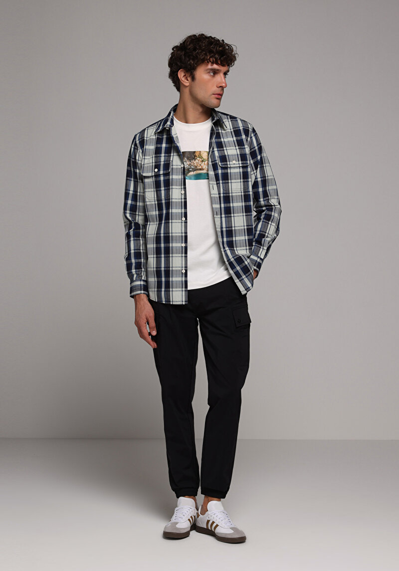 Regular Fit Shirt Neck Ekoseli Erkek Lacivert Uzun Kol Gömlek