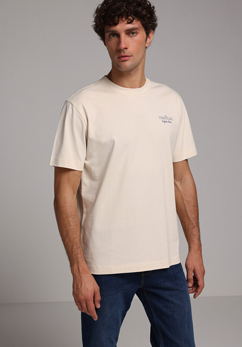 Comfort Fit Yuvarlak Yaka Düz Erkek Ekru Kısa Kol Tişört