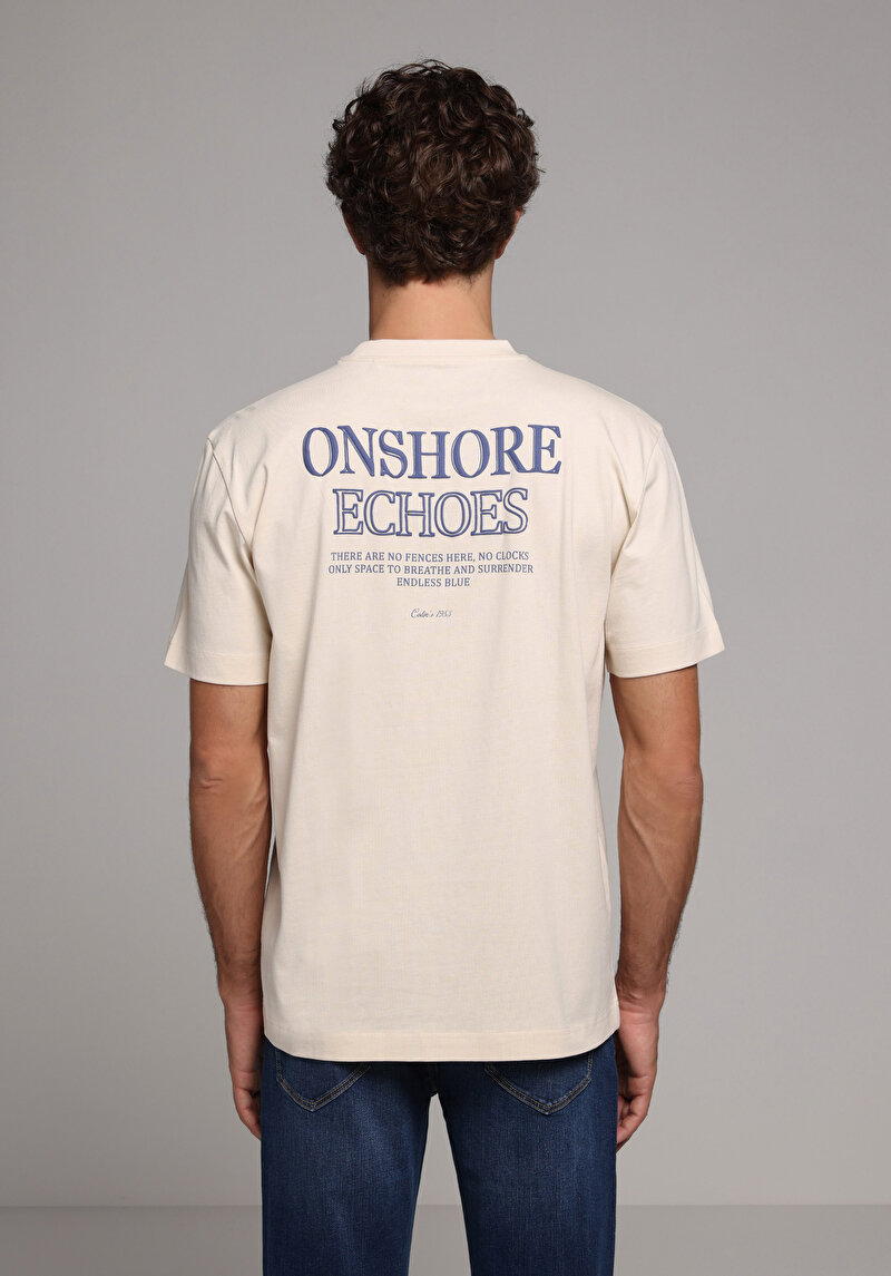 Comfort Fit Yuvarlak Yaka Düz Erkek Ekru Kısa Kol Tişört