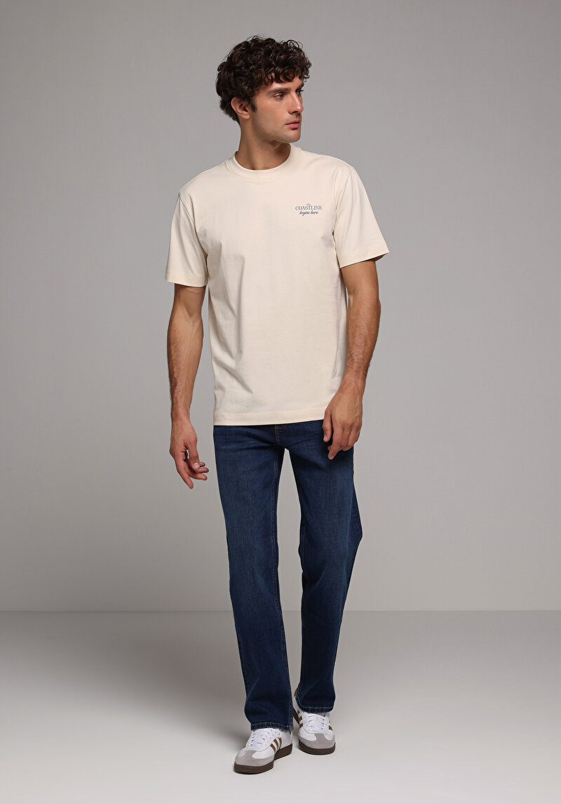 Comfort Fit Yuvarlak Yaka Düz Erkek Ekru Kısa Kol Tişört