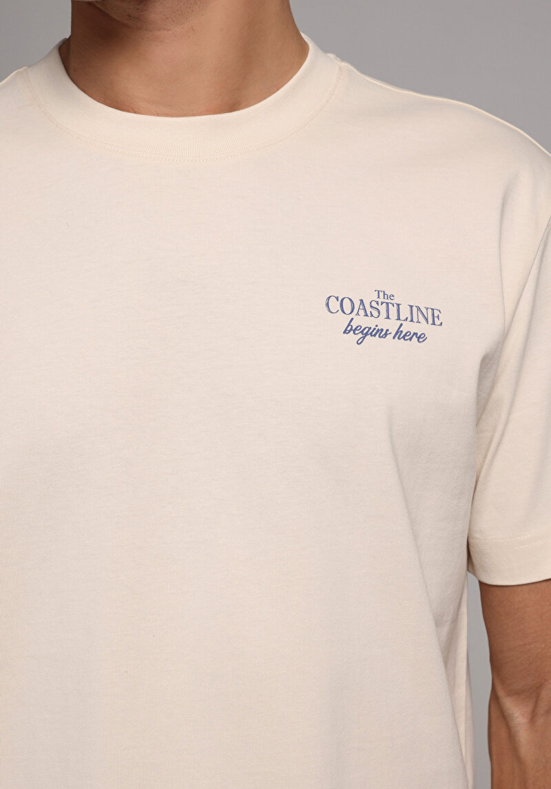 Comfort Fit Yuvarlak Yaka Düz Erkek Ekru Kısa Kol Tişört