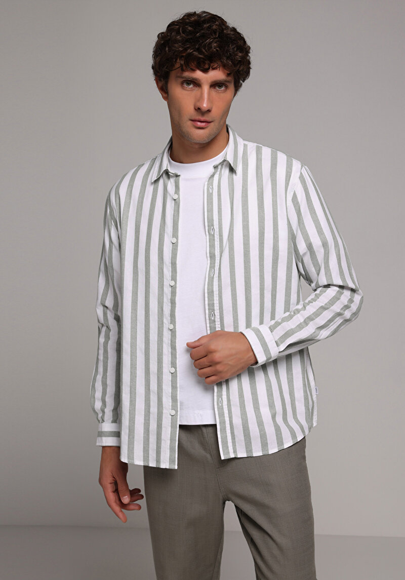 Regular Fit Shirt Neck Çizgili Erkek Yeşil Uzun Kol Gömlek