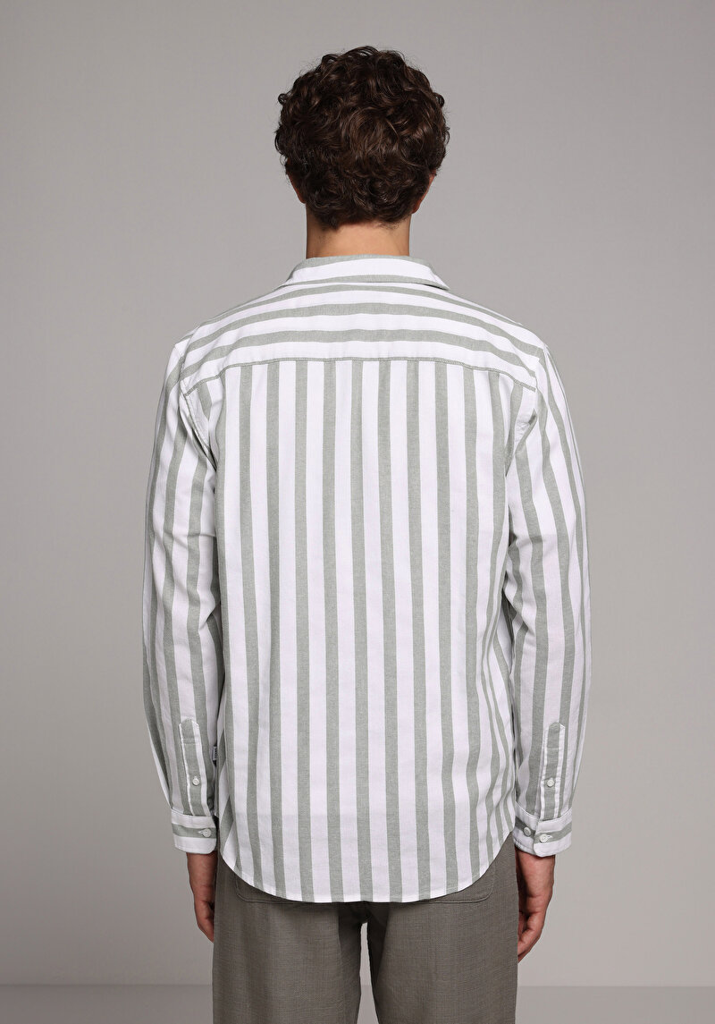 Regular Fit Shirt Neck Çizgili Erkek Yeşil Uzun Kol Gömlek