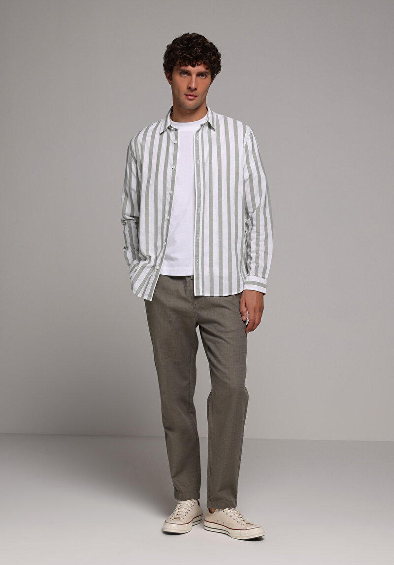 Regular Fit Shirt Neck Çizgili Erkek Yeşil Uzun Kol Gömlek