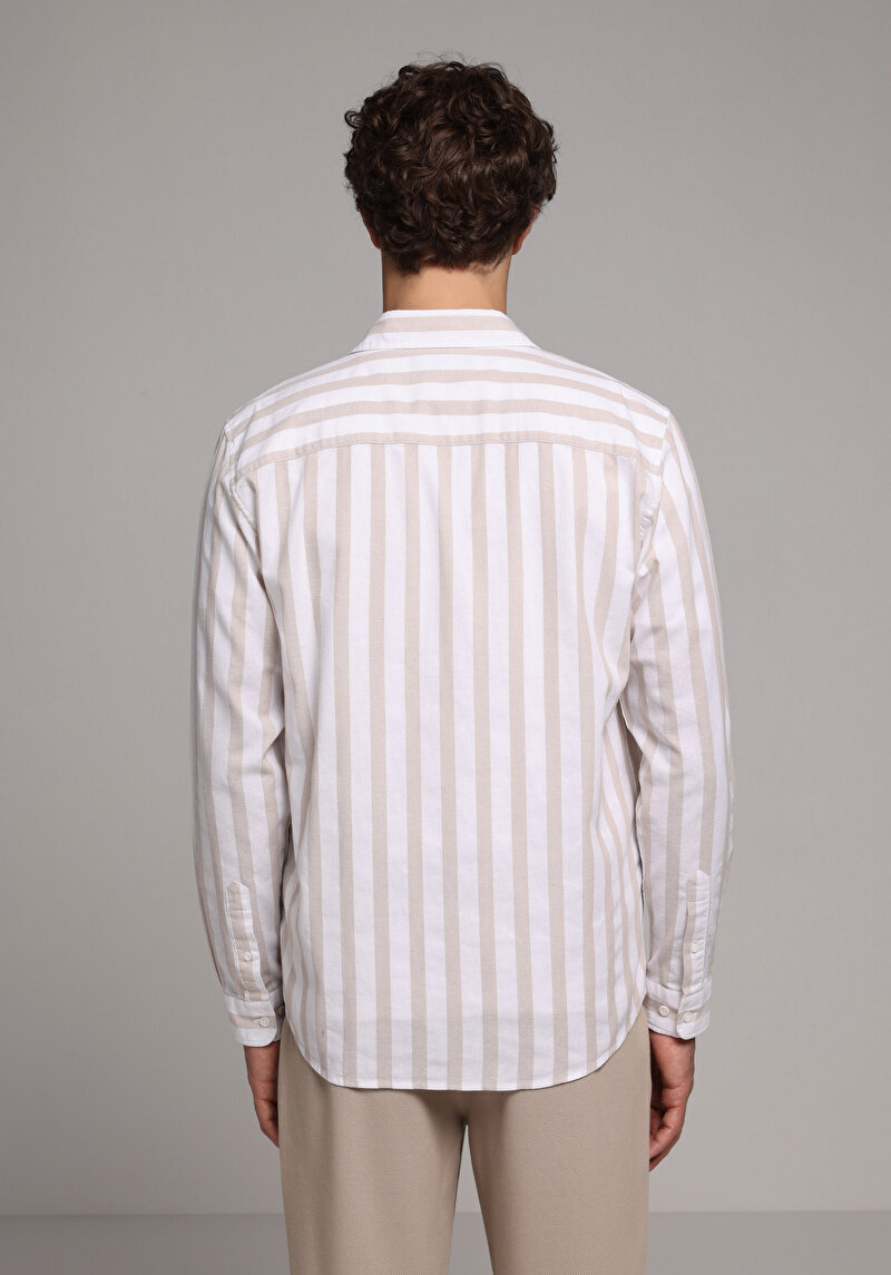 Regular Fit Shirt Neck Çizgili Erkek Bej Uzun Kol Gömlek