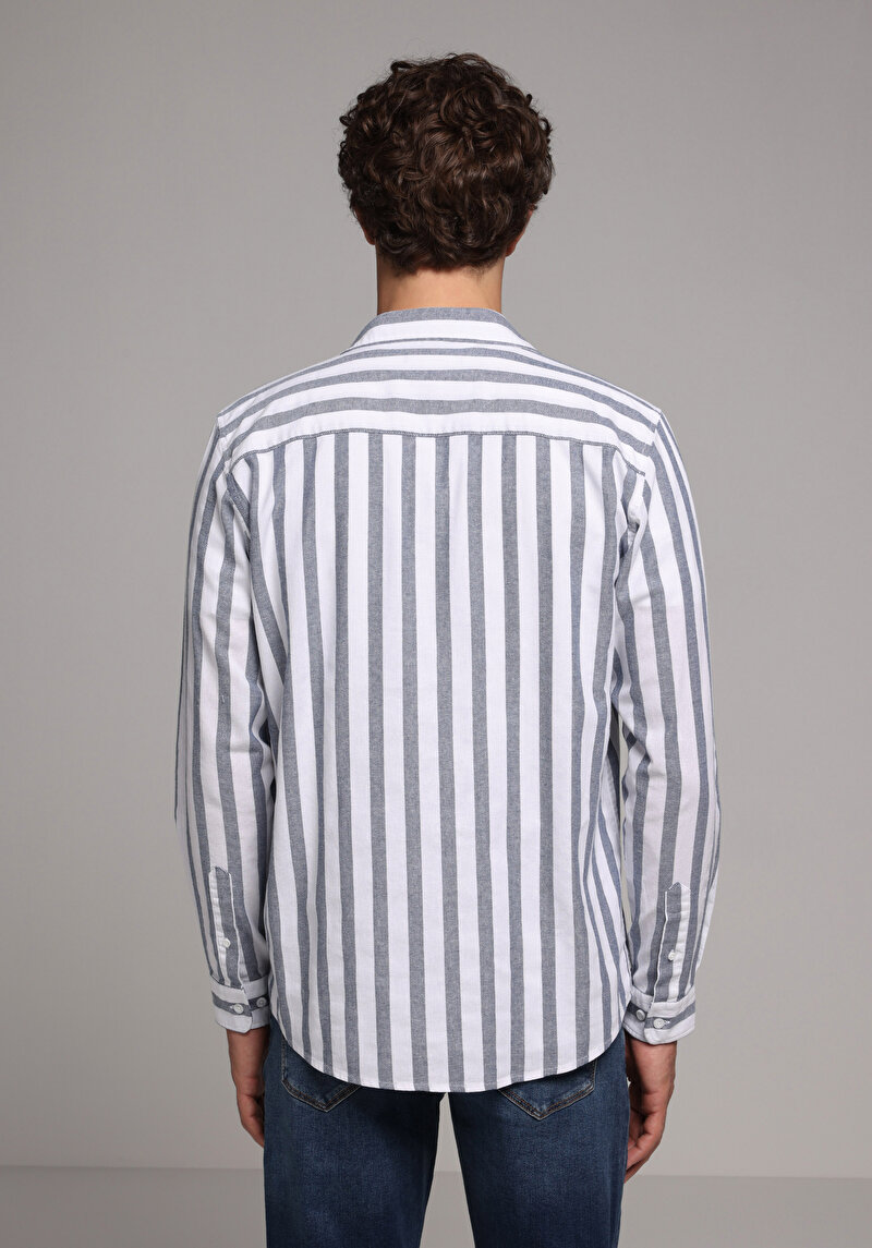 Regular Fit Shirt Neck Çizgili Erkek Mavi Uzun Kol Gömlek
