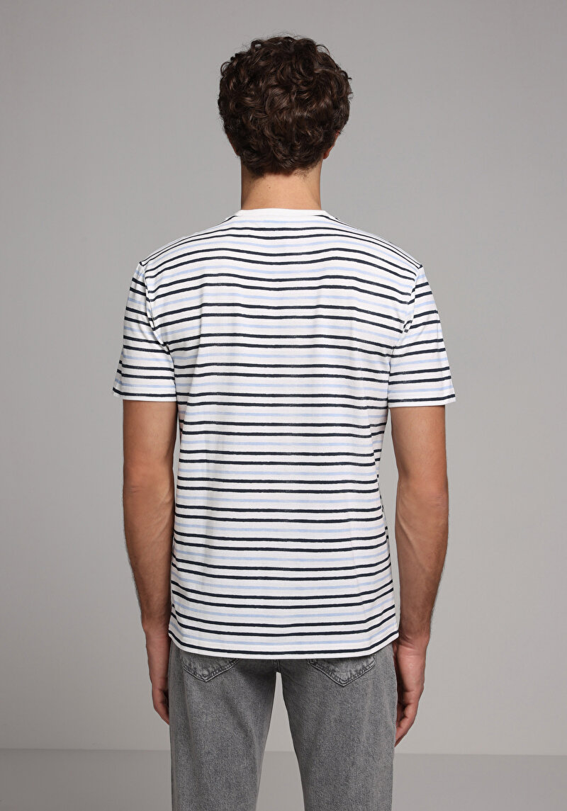 Regular Fit Yuvarlak Yaka Çizgili Erkek Mavi Kısa Kol Tişört