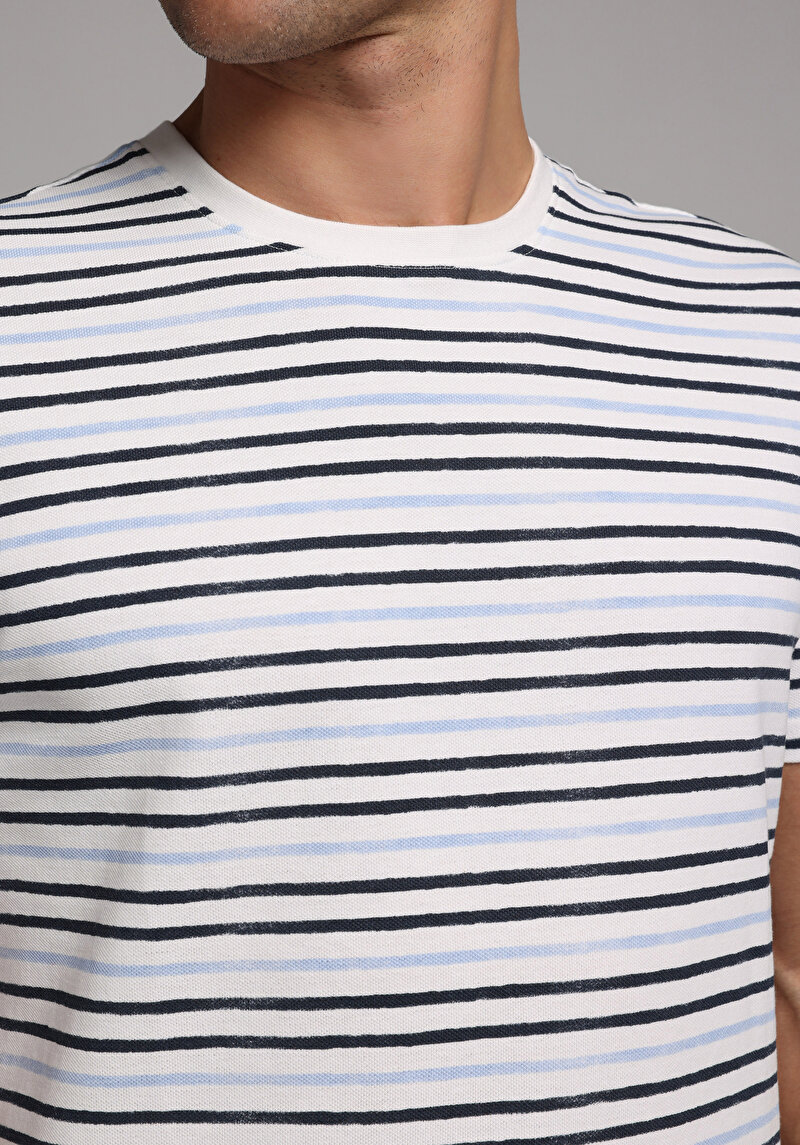 Regular Fit Yuvarlak Yaka Çizgili Erkek Mavi Kısa Kol Tişört