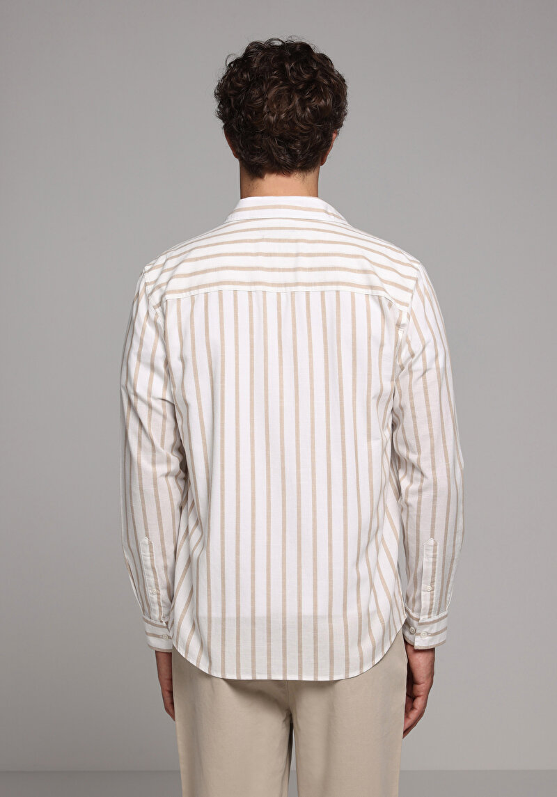 Regular Fit Shirt Neck Çizgili Erkek Bej Uzun Kol Gömlek