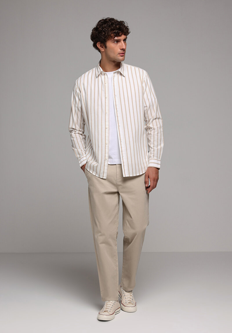 Regular Fit Shirt Neck Çizgili Erkek Bej Uzun Kol Gömlek