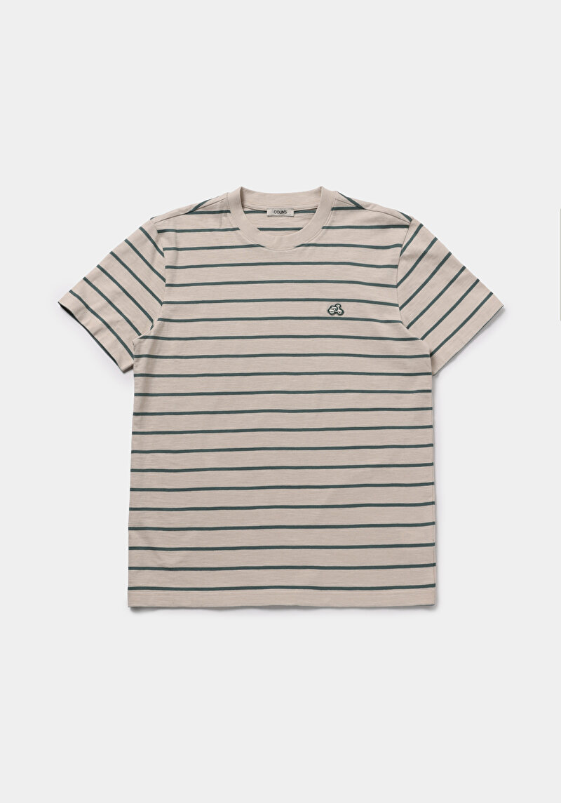 Regular Fit Yuvarlak Yaka Çizgili Erkek Bej Kısa Kol Tişört
