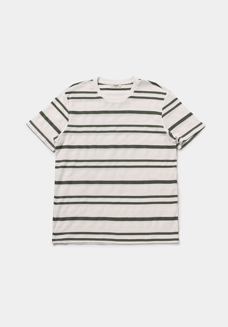 Regular Fit Yuvarlak Yaka Çizgili Erkek Beyaz Kısa Kol Tişört